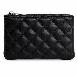 Black Quilted Mini Coin Pouch Zip Wallet Card Holder | Faux Leather